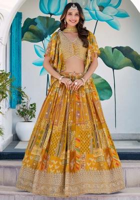 Yellow Embroidered Chinnon Silk Lehenga Choli Set