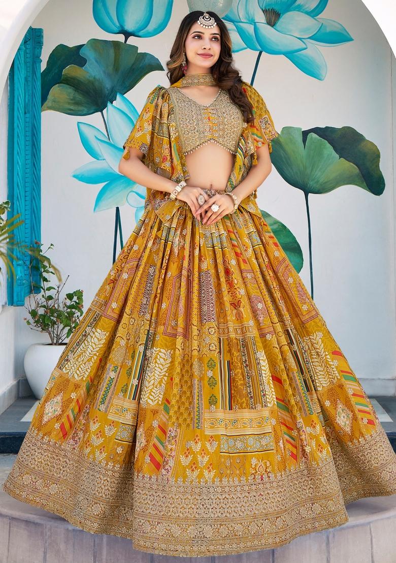 Yellow Embroidered Chinnon Silk Lehenga Choli Set - Indya