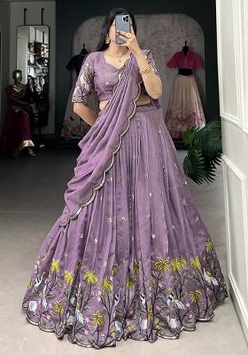 Purple Embroidered Cotton Blended Lehenga Choli Set