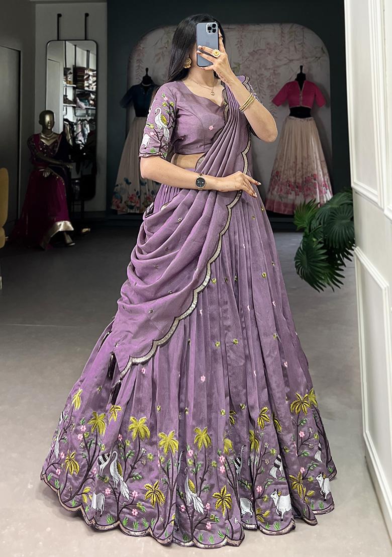 Purple Embroidered Cotton Blended Lehenga Choli Set - Indya