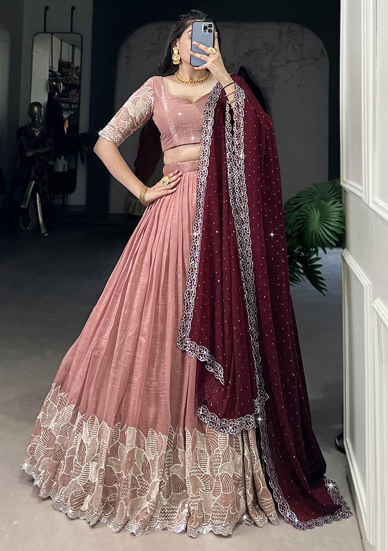 Peach Embroidered Cotton Blended Lehenga Choli Set
