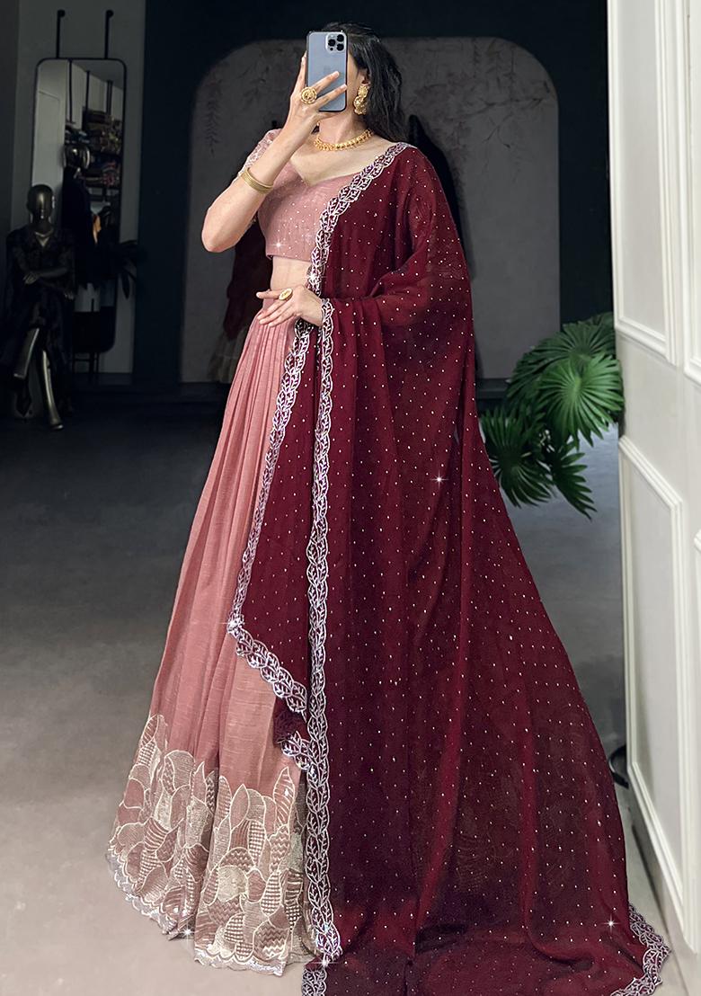 Peach Embroidered Cotton Blended Lehenga Choli Set - Indya