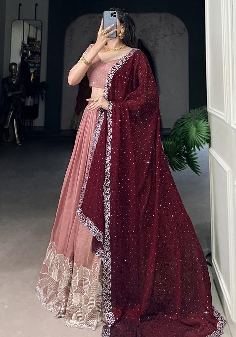 Peach Embroidered Cotton Blended Lehenga Choli Set