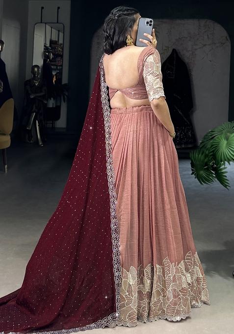 Peach Embroidered Cotton Blended Lehenga Choli Set