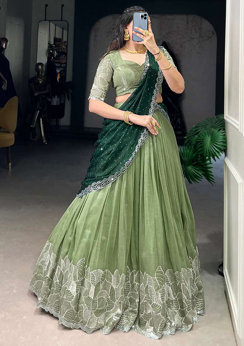 Pista Embroidered Cotton Blended Lehenga Choli Set for Diwali and Festive Wear - Indya