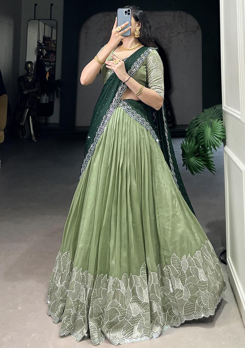 Pista Embroidered Cotton Blended Lehenga Choli Set - Indya