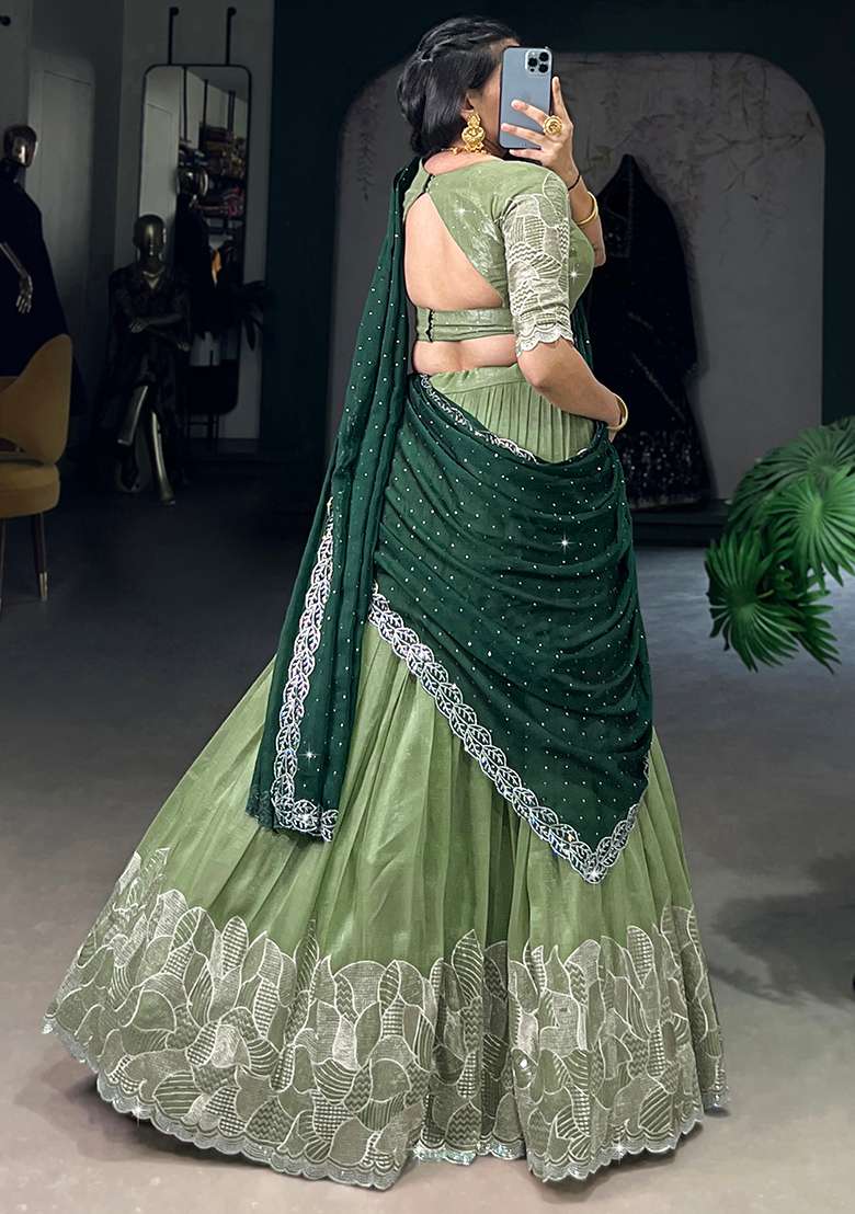 Pista Embroidered Cotton Blended Lehenga Choli Set for Diwali and Festive Wear - Indya