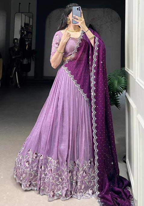 Purple Embroidered Cotton Blended Lehenga Choli Set