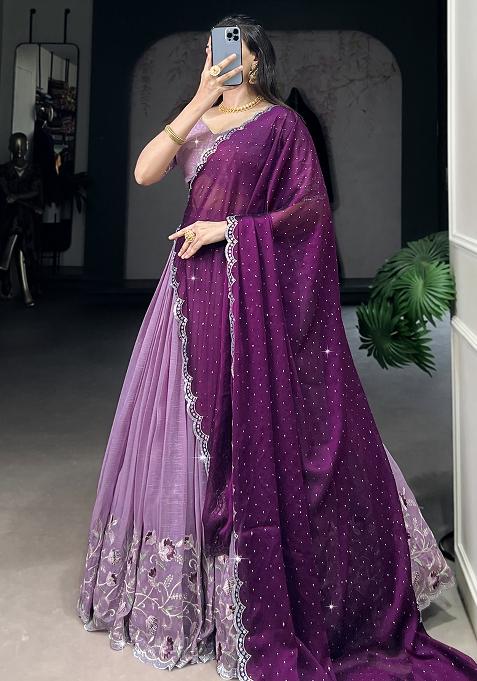 Purple Embroidered Cotton Blended Lehenga Choli Set