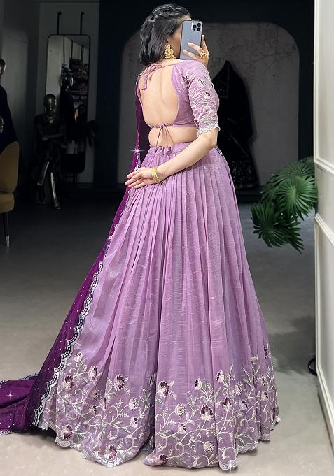 Purple Embroidered Cotton Blended Lehenga Choli Set