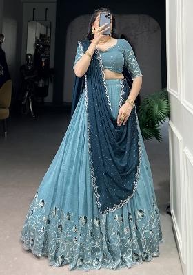 Sky Blue Embroidered Cotton Blended Lehenga Choli Set