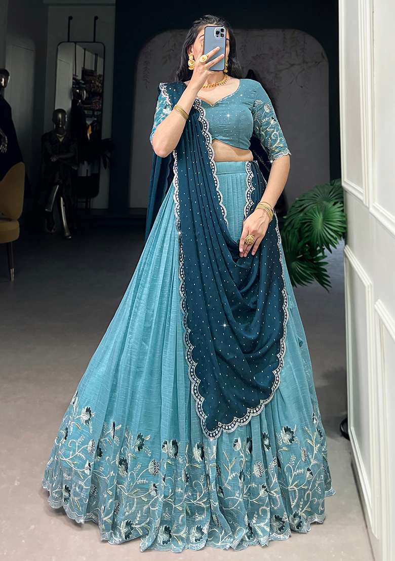 Sky Blue Blended Cotton Lehenga Choli Set with Embroidered for Diwali | Wedding & Festive Wear - Indya
