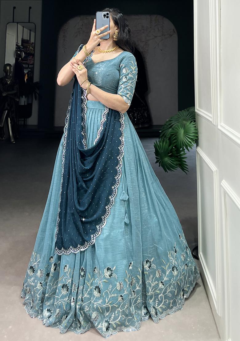 Sky Blue Embroidered Cotton Blended Lehenga Choli Set - Indya