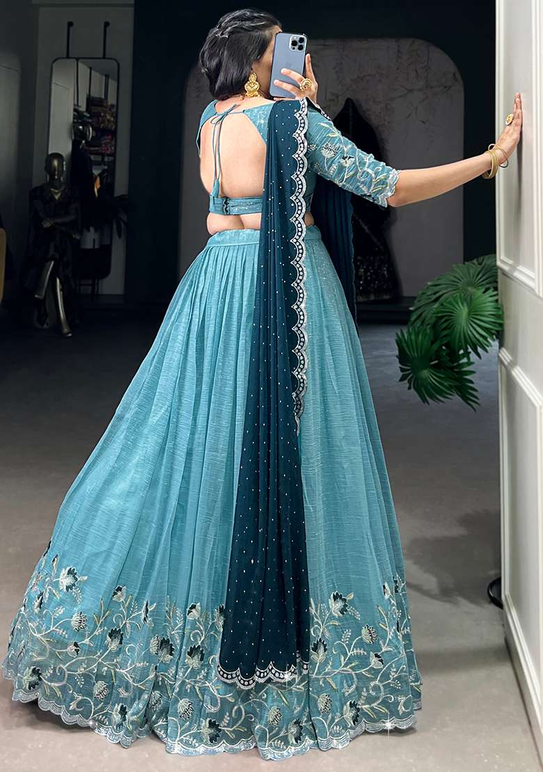 Sky Blue Blended Cotton Lehenga Choli Set with Embroidered for Diwali | Wedding & Festive Wear - Indya