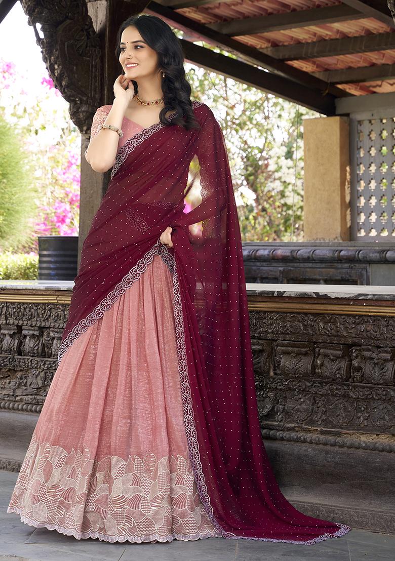 Peach Embroidered Cotton Blended Lehenga Choli Set