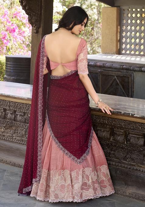 Peach Embroidered Cotton Blended Lehenga Choli Set
