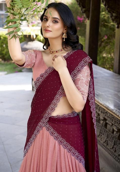 Peach Embroidered Cotton Blended Lehenga Choli Set