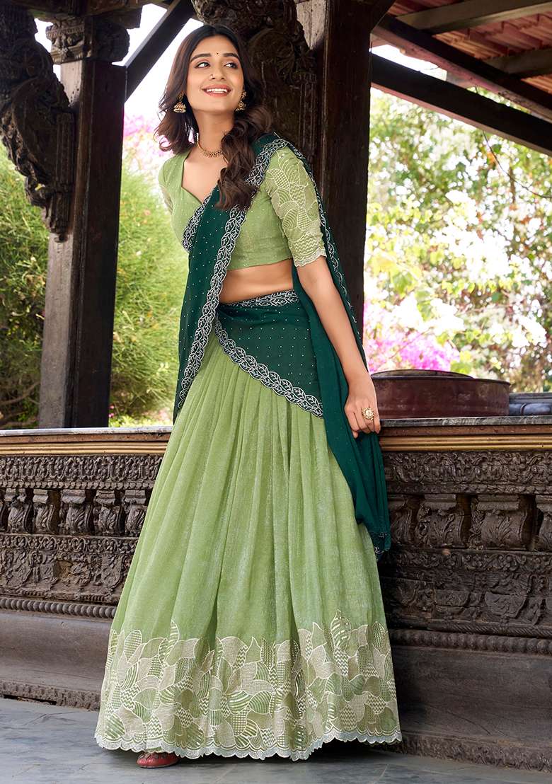 Pista Blended Cotton Lehenga Choli Set with Embroidered for Diwali | Wedding & Festive Wear - Indya