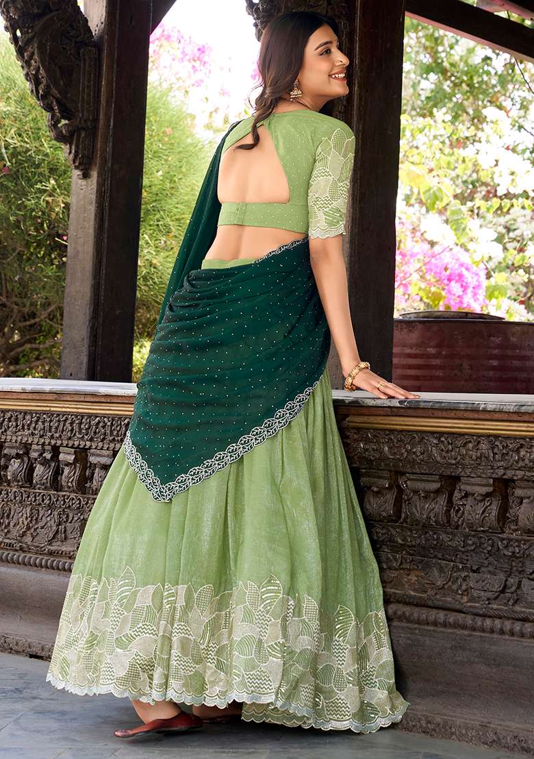 Pista Blended Cotton Lehenga Choli Set with Embroidered for Diwali | Wedding & Festive Wear - Indya