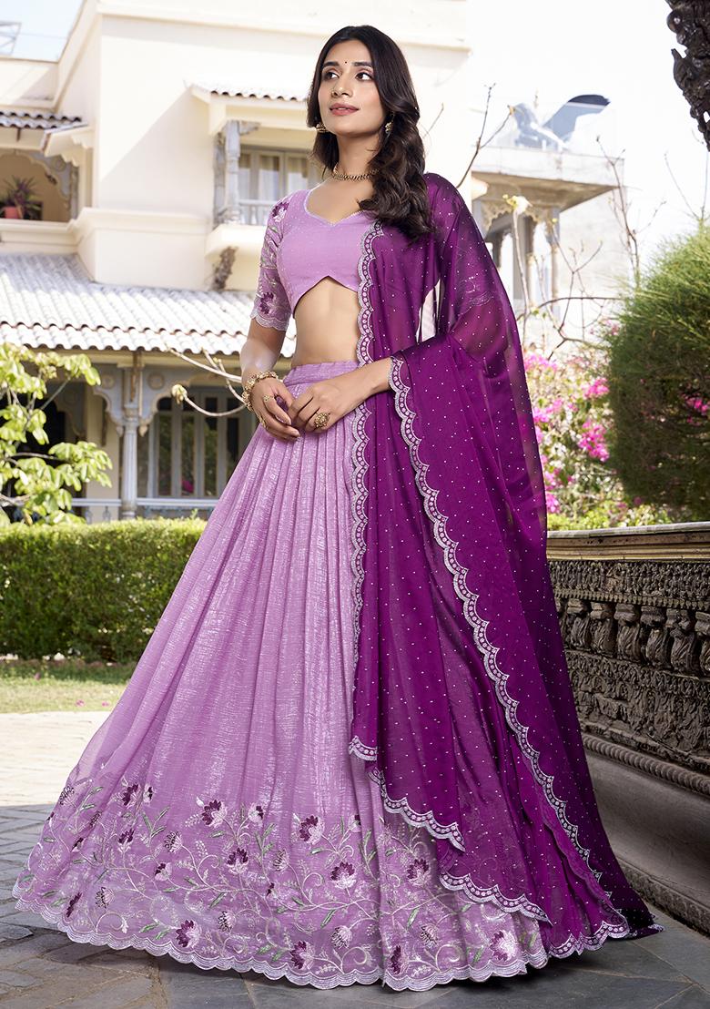 Purple Embroidered Cotton Blended Lehenga Choli Set