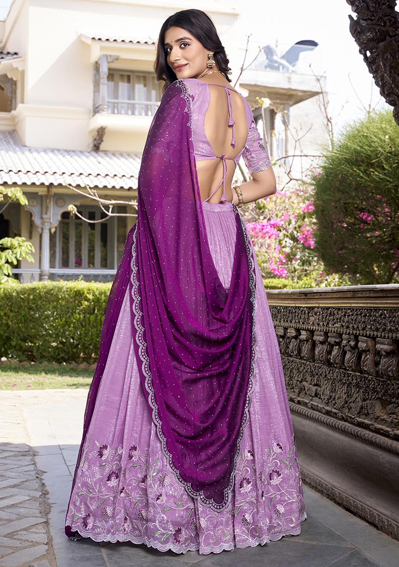 Purple Embroidered Cotton Blended Lehenga Choli Set - Indya