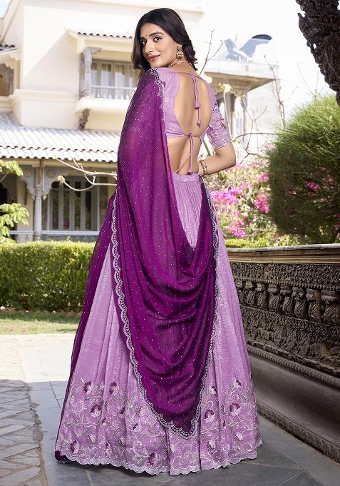 Purple Embroidered Cotton Blended Lehenga Choli Set