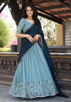 Sky Blue Embroidered Cotton Blended Lehenga Choli Set