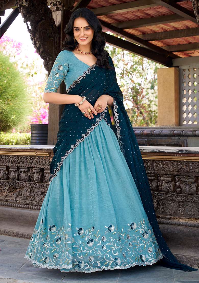 Sky Blue Blended Cotton Lehenga Choli Set with Embroidered for Diwali | Wedding & Festive Wear - Indya