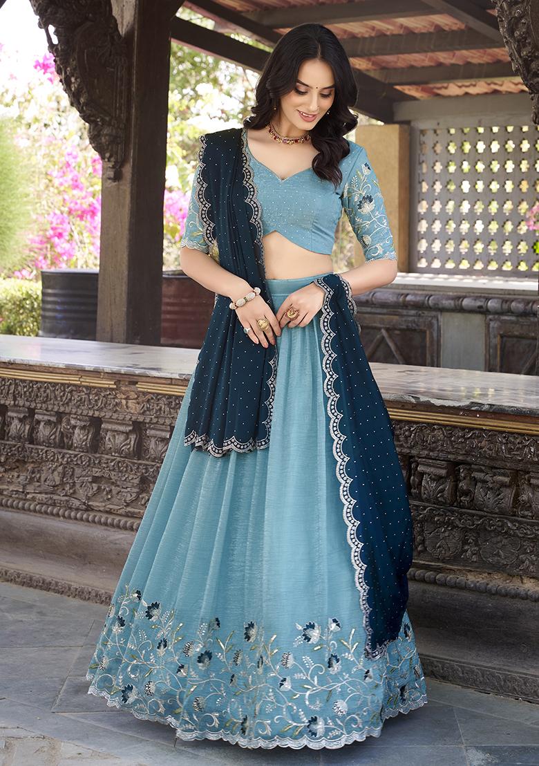 Sky Blue Embroidered Cotton Blended Lehenga Choli Set - Indya