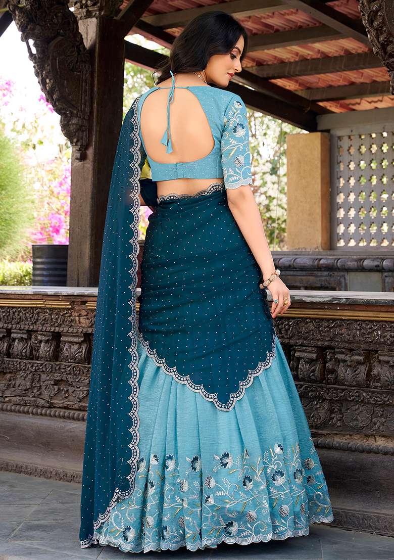 Sky Blue Blended Cotton Lehenga Choli Set with Embroidered for Diwali | Wedding & Festive Wear - Indya