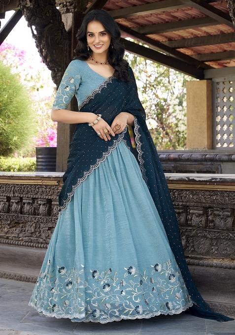 Sky Blue Embroidered Cotton Blended Lehenga Choli Set