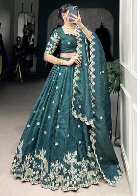 Green Embroidered Poly Blend Lehenga Choli Set