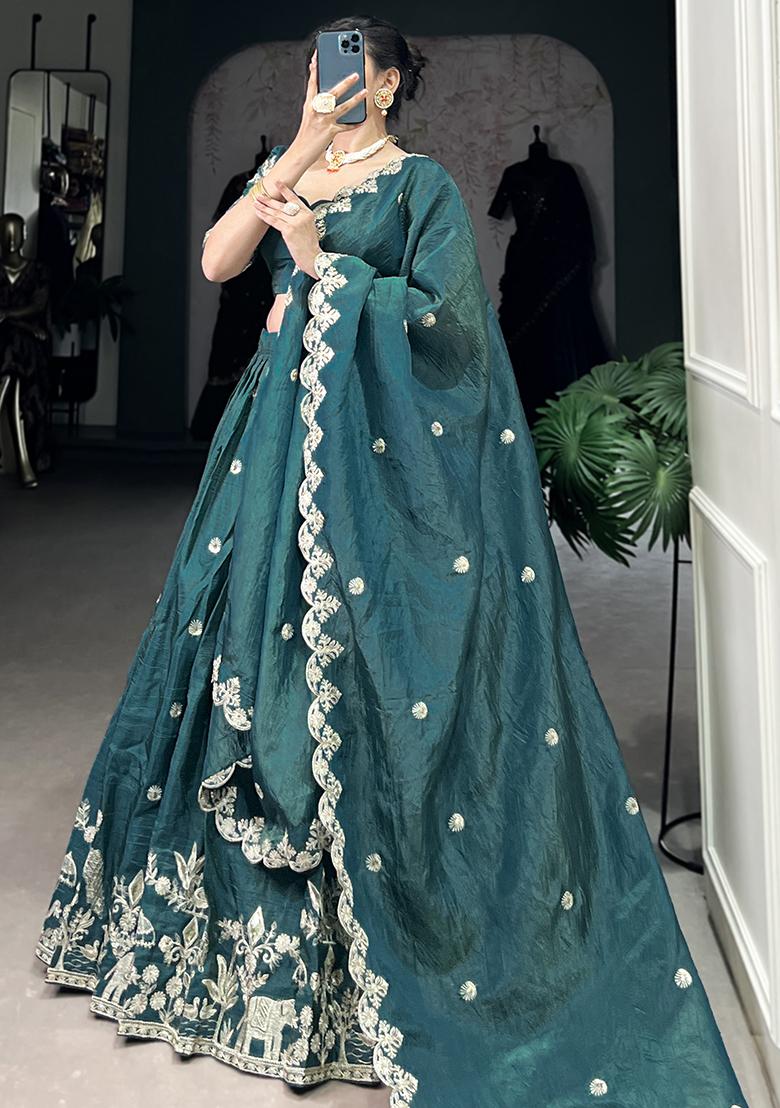 Green Embroidered Poly Blend Lehenga Choli Set - Indya