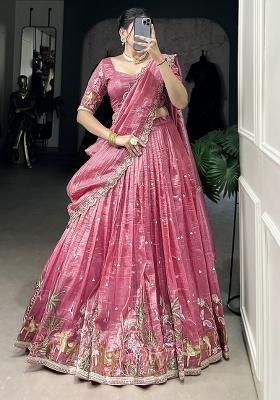 Pink Embroidered Poly Blend Lehenga Choli Set
