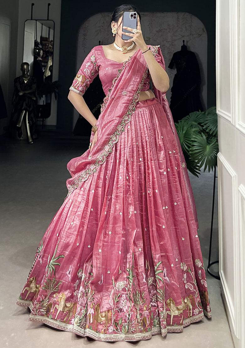 Pink Embroidered Poly Blend Lehenga Choli Set - Indya