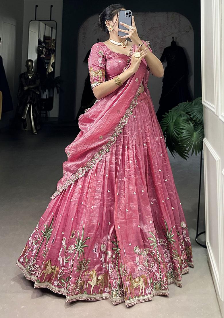 Pink Embroidered Poly Blend Lehenga Choli Set - Indya