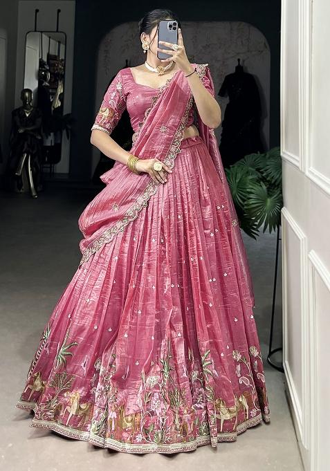 Pink Embroidered Poly Blend Lehenga Choli Set