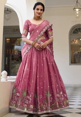 Pink Embroidered Poly Blend Lehenga Choli Set