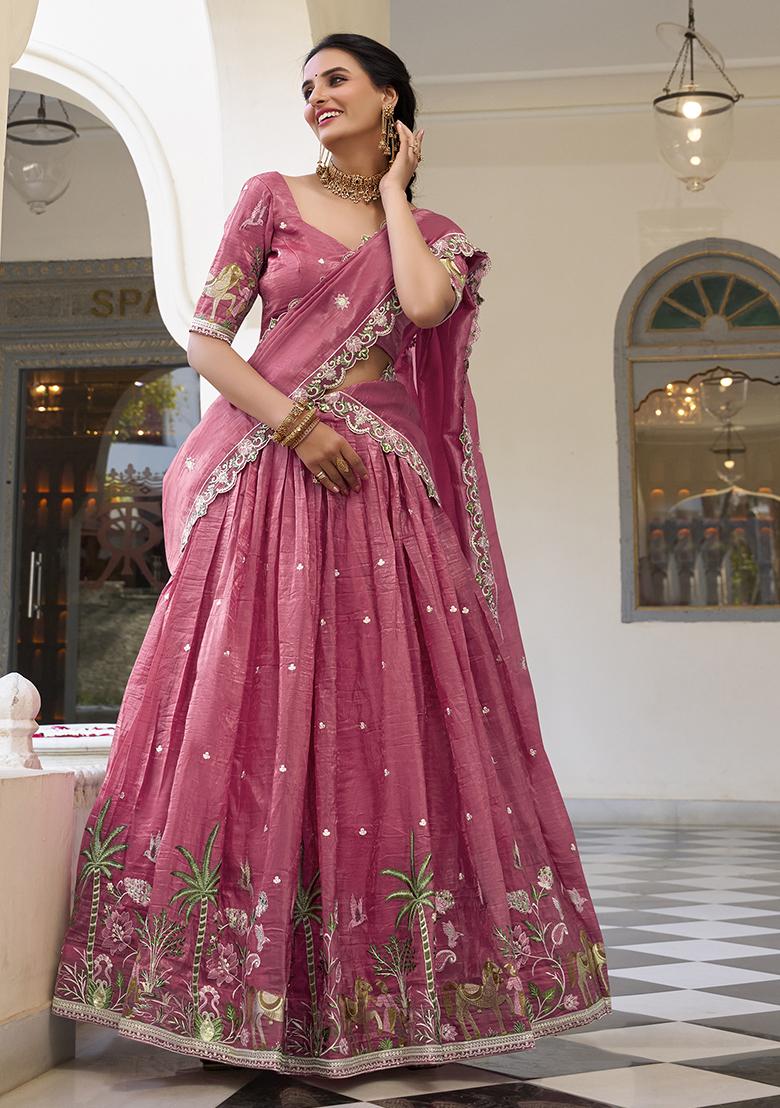 Pink Embroidered Poly Blend Lehenga Choli Set - Indya