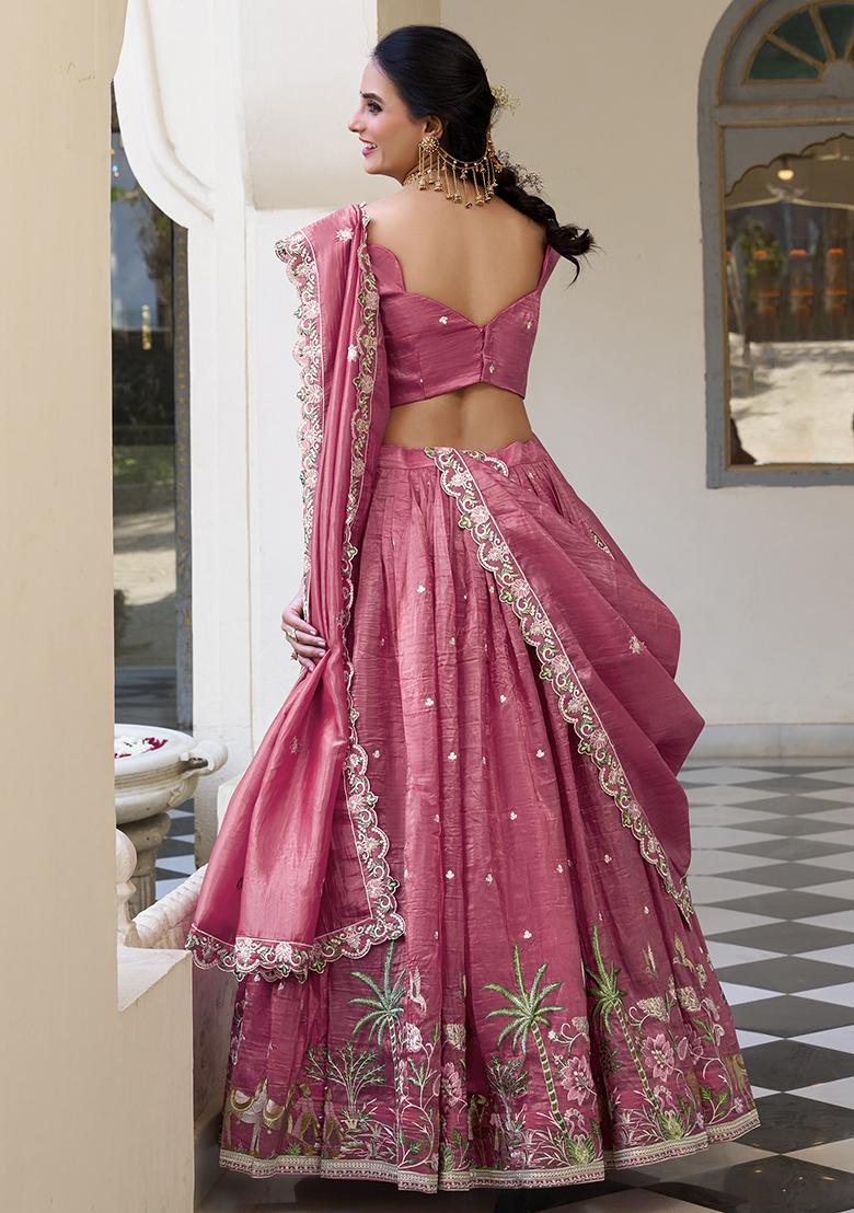Pink Embroidered Poly Blend Lehenga Choli Set - Indya