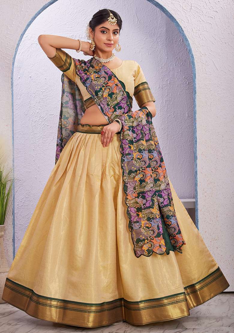 Cream Printed Cotton Blended Lehenga Choli Set - Indya