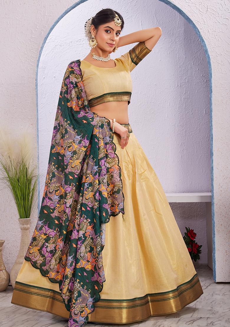 Cream Printed Cotton Blended Lehenga Choli Set - Indya