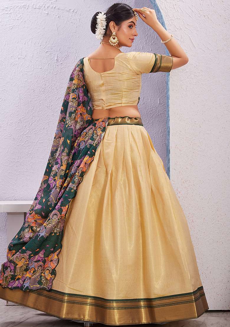 Cream Printed Cotton Blended Lehenga Choli Set - Indya