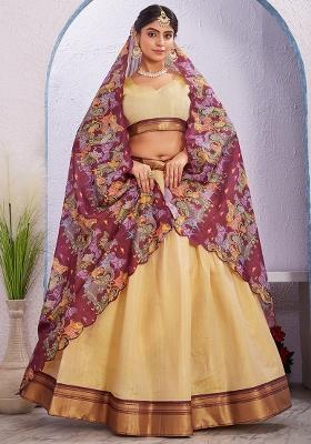 Cream Printed Cotton Blended Lehenga Choli Set