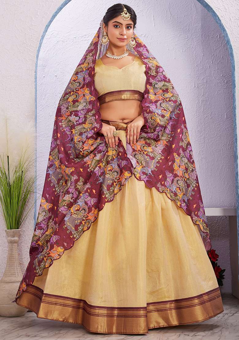 Cream Printed Cotton Blended Lehenga Choli Set - Indya