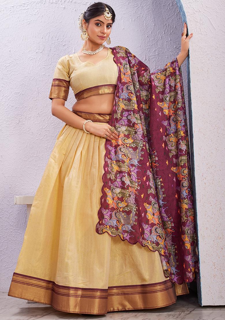 Cream Printed Cotton Blended Lehenga Choli Set - Indya