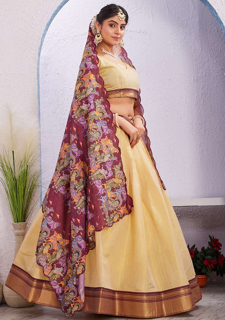 Cream Printed Cotton Blended Lehenga Choli Set - Indya