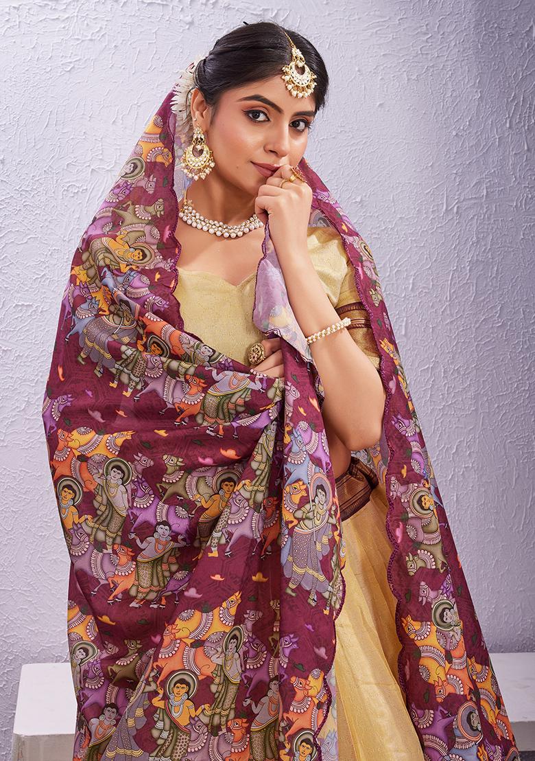 Cream Printed Cotton Blended Lehenga Choli Set - Indya