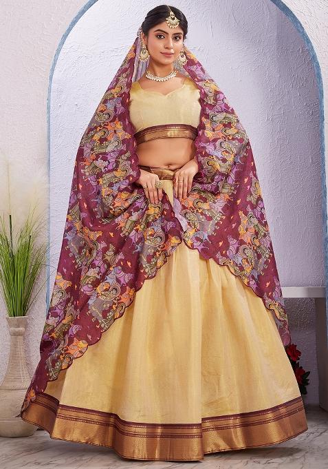 Cream Printed Cotton Blended Lehenga Choli Set