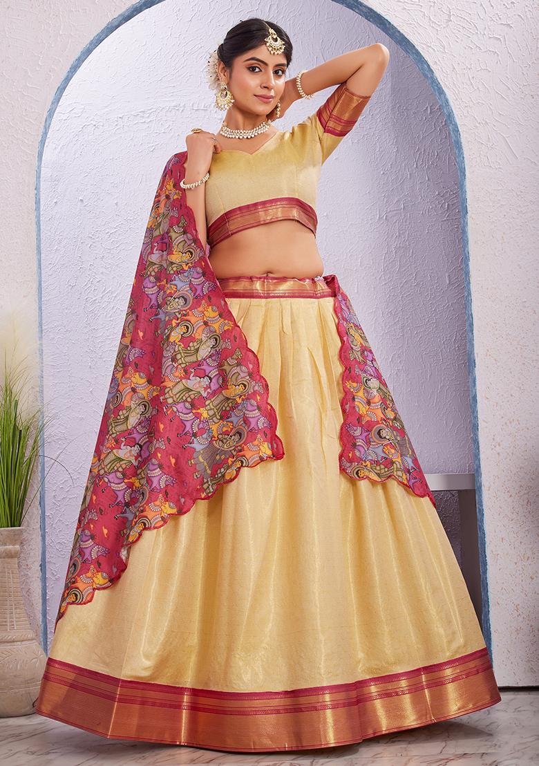 Cream Printed Cotton Blended Lehenga Choli Set
